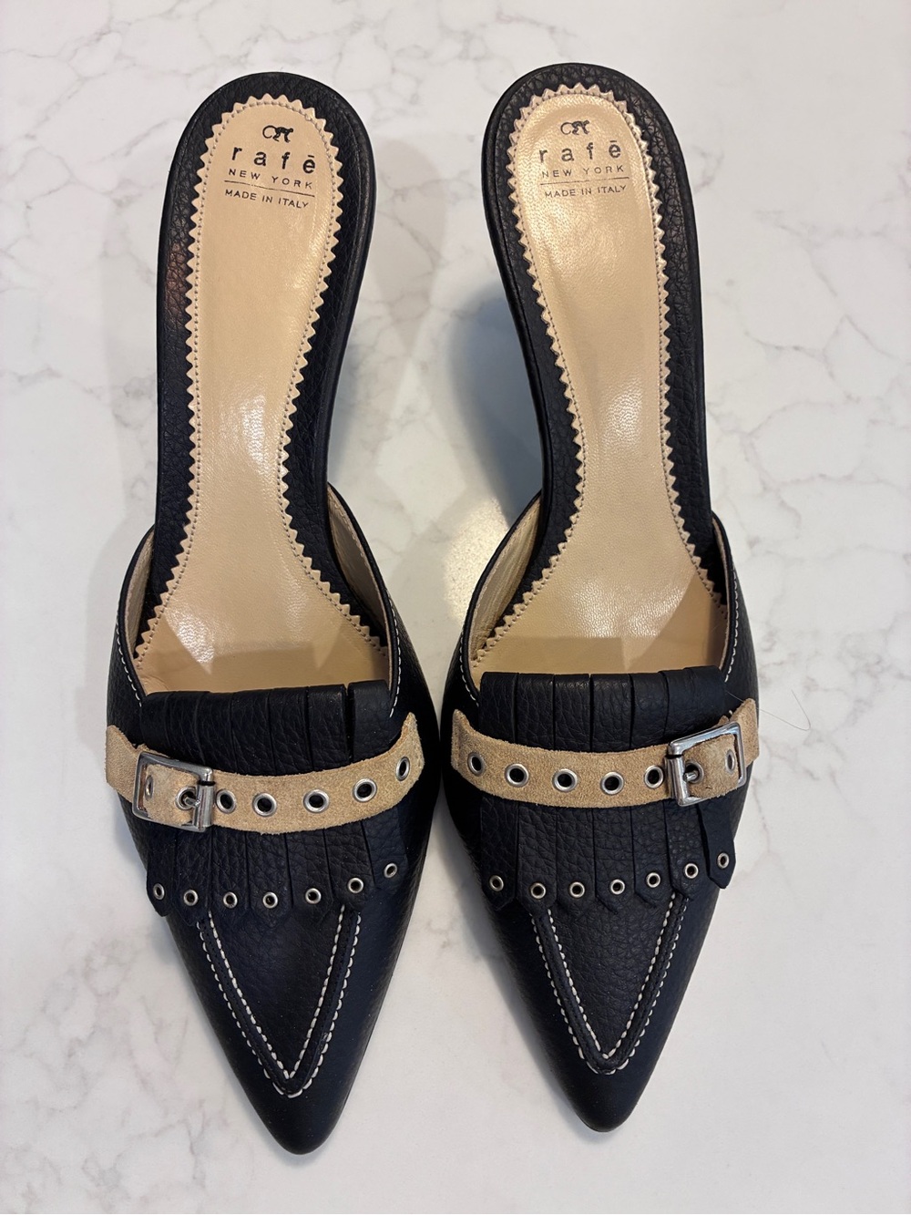 Rafè New York Black & Tan Pointed Mule